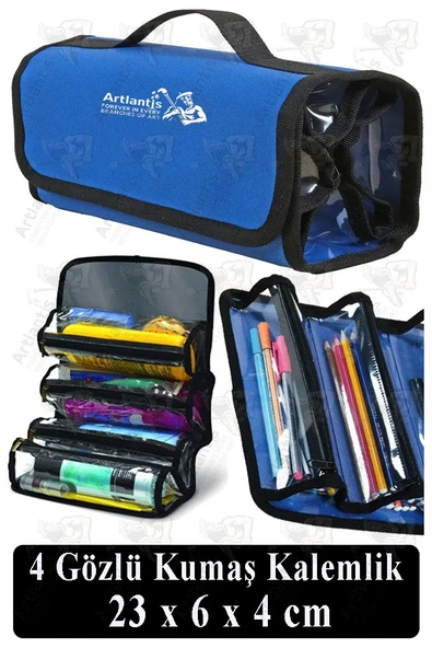 4 Gözlü Kalem Çantası 1 Adet Dört Bölümlü Kalemlik Sanatsal Şeffaf Bölmeli Kulplu Taşınabilir Kumaş Kalemlik - 3