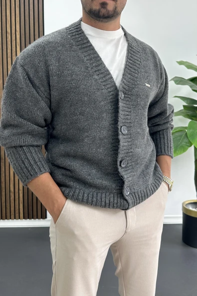 Erkek Düğmeli Rahat Kesim Hırka Antrasit Edw416 - Resim 3