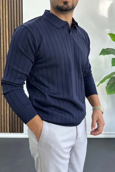 Erkek Açık Yaka Normal Kalıp Kazak Lacivert Edw412 - Resim 2