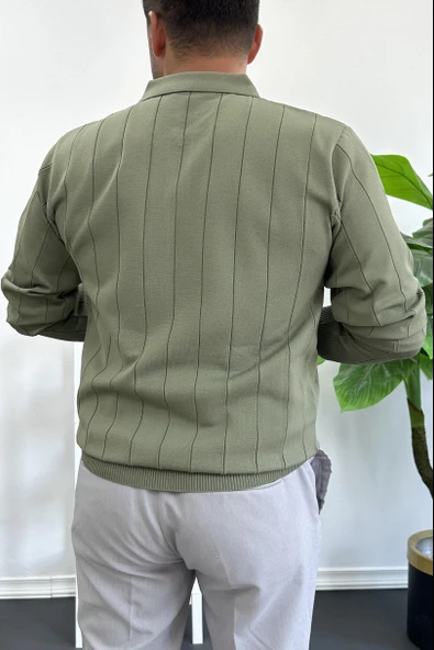 Erkek Yarım Fermuarlı Polo Yaka Mevsimlik Kazak Haki Edw195 - Resim 3