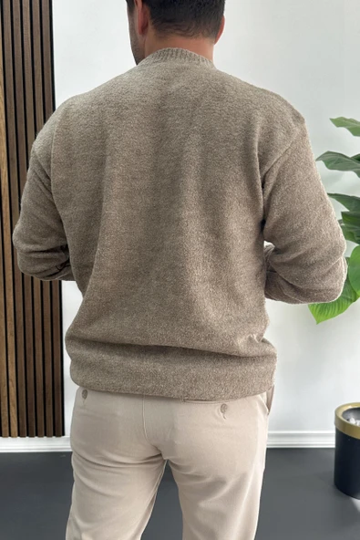 Erkek Bisiklet Yaka Buklet Kumaş Kazak Kahverengi Edw419 - Resim 3