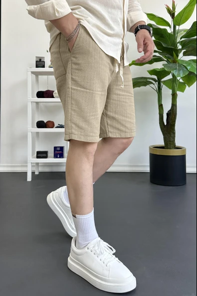 Erkek Beli Lastikli Keten Kumaş Şort Kahverengi Edw370 - Resim 4