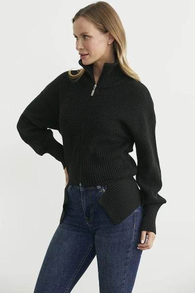 Dik Yaka Fermuarlı Bel Detaylı Triko Hırka - Siyah - 5