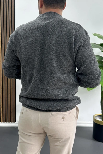 Erkek Bisiklet Yaka Buklet Kumaş Kazak Antrasit Edw419 - Resim 3