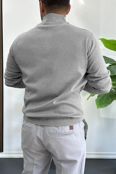 Erkek Yarım Fermuarlı Normal Kalıp Kazak Gri Edw411 - Resim 3