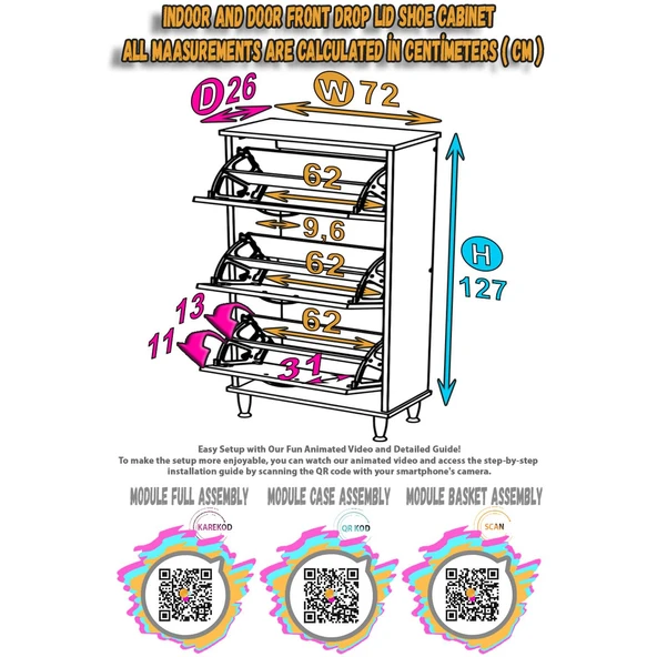 Modilayn VARBİ Kapı Önü 72x127x26 cm’ lik 3 Düşer Kapak 6 Göz Raf Bölmeli Ayakkabılık - Resim 5
