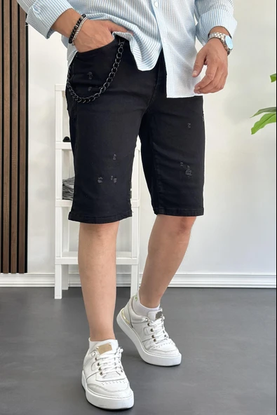 Erkek Slim Fit Likralı Kot Şort Siyah Edw166 ürün görseli