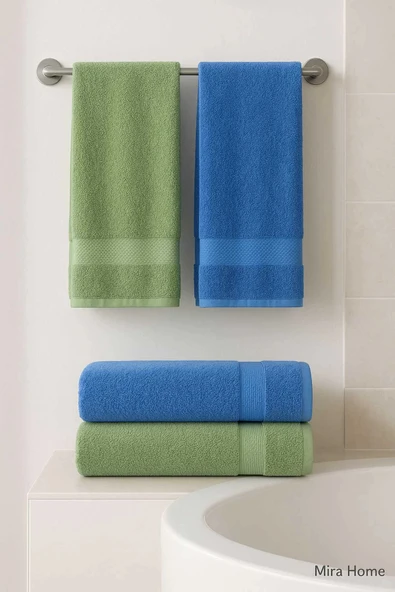 4 Parça Ekonomik Banyo Havlu Takımı %100 Pamuklu Quickdry Mavi Yeşil ürün görseli