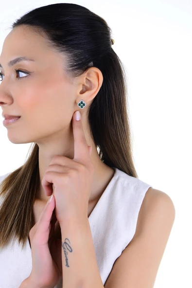 Gümüş rodyumlu yeşil zirkon taşlı trifolium yonca küpe SGTL13015YESIL - Resim 3