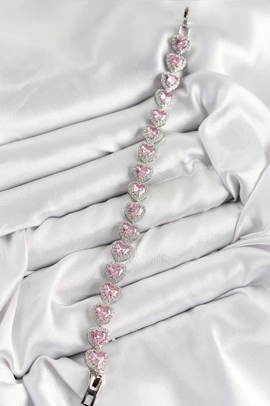 Pirinç Zirkon Taşlı Pembe Kalp Baget Model Gümüş Renk VIP Seri Kadın Bileklik - TJ-BB7501 - Resim 2