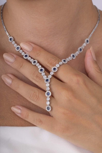 Gümüş Pazarım Safir Taşlı Su Yolu Pırlanta Montür Rodyum Kaplama Gümüş Kolye