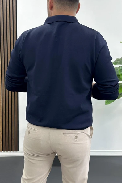 Erkek Yarım Fermuarlı Düz Desen Polo Yaka Kazak Lacivert Edw424 - Resim 3