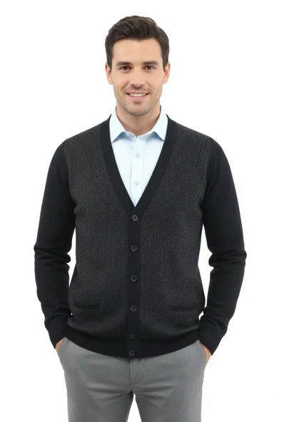 Erkek Düğmeli Hırka Cepli Çelik Örgü Klasik Kalıp 5212M BGL-ST04848 - Resim 2