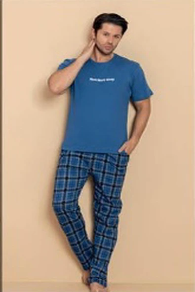 Pijamerry Erkek Bisiklet Yaka Kısa Kol Penye Pijama Takımı 6325 - 1 Adet  S - M Mavi - Resim 3