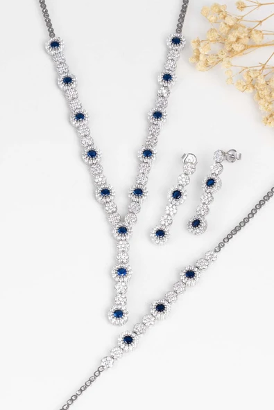 Gümüş Pazarım Safir Taşlı Su Yolu Pırlanta Montür Rodyum Kaplama Gümüş Düğün Seti - Resim 4