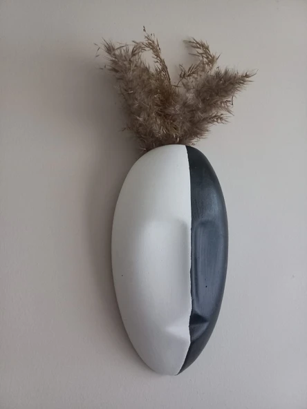 İki Renkli Soyut İnsan Yüzü Duvar Vazosu, Maske Duvar Süsü, Aksesuar Siyah-Beyaz - Resim 3