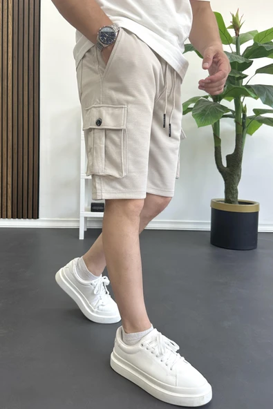 Erkek Beli Lastikli Cepli Şort Krem Edw388 ürün görseli