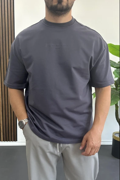 Erkek Kabartmalı Sırt Baskılı Oversize Tişört Füme Edw390 - Resim 2