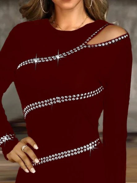 Kadın Uzun Kollu Omuz Pencere Detay Taş Işlemeli Dalgıç Mini Elbise - Resim 2