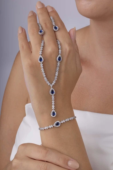 Gümüş Pazarım Safir Taşlı Damla Motifli Rodyum Kaplama Gümüş Düğün Seti