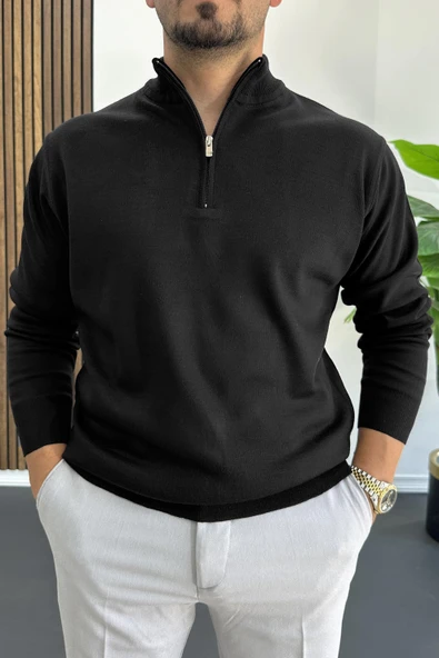 Erkek Yarım Fermuarlı Normal Kalıp Kazak Siyah Edw411 - Resim 2