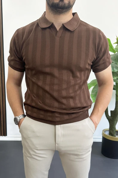 Erkek Açık Yaka Desenli Tişört Kahverengi Edw385 ürün görseli