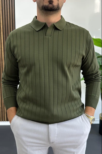 Erkek Açık Yaka Normal Kalıp Kazak Zeytin Yeşili Edw412 ürün görseli