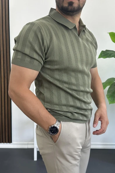 Erkek Açık Yaka Desenli Tişört Yeşil Edw385 - Resim 2