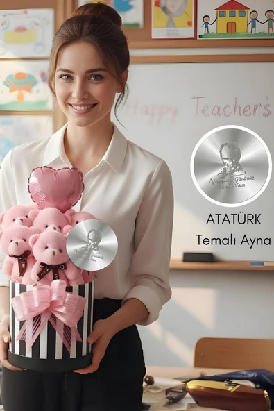 Öğretmenler Günü Özel: Atatürk Temalı Kutlama Aynalı Premium Kutuda, Kalpli Balonlu 6’lı Pembe Ayıcık Buketi- Öğretmene Hediye ürün görseli