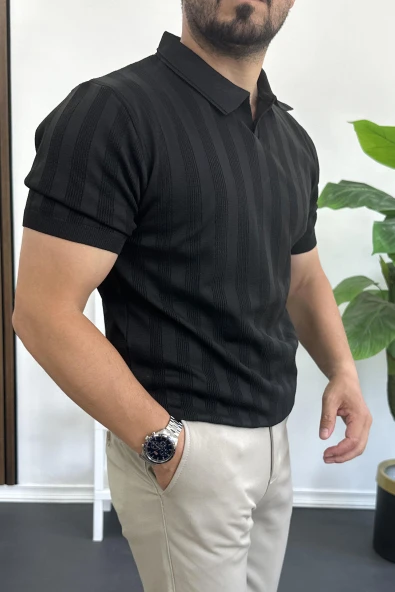 Erkek Açık Yaka Desenli Tişört Siyah Edw385 - Resim 2