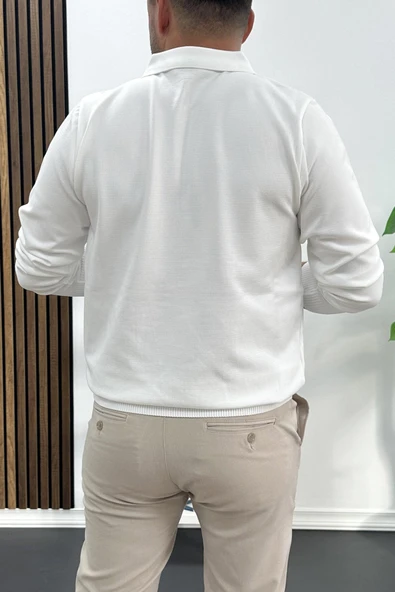 Erkek Açık Yaka Düz Desen Normal Kalıp Kazak Beyaz Edw423 - Resim 3