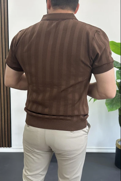 Erkek Açık Yaka Desenli Tişört Kahverengi Edw385 - Resim 3