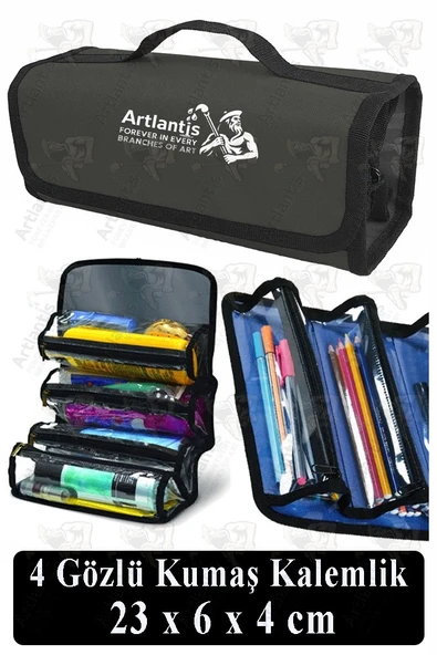 4 Gözlü Kalem Çantası 1 Adet Dört Bölümlü Kalemlik Sanatsal Şeffaf Bölmeli Kulplu Taşınabilir Kumaş Kalemlik