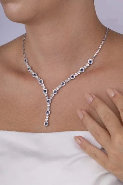 Gümüş Pazarım Safir Taşlı Su Yolu Pırlanta Montür Rodyum Kaplama Gümüş Kolye - 2