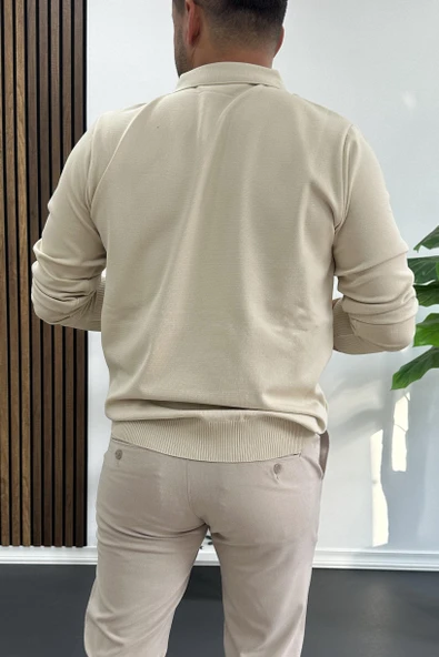 Erkek Açık Yaka Düz Desen Normal Kalıp Kazak Krem Edw423 - 3