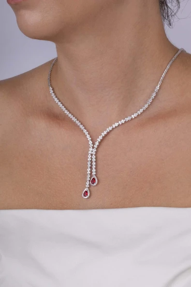 Gümüş Pazarım Yakut Taşlı Damla Motifli Rodyum Kaplama Gümüş Kolye - 2