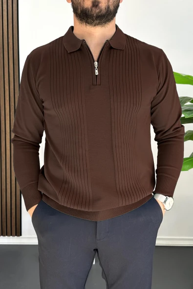 Erkek Çizgi Desenli Normal Kalıp Kazak Koyu Kahverengi Edw422 ürün görseli 1