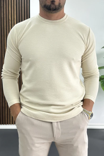 Erkek Oval Kesim Bisiklet Yaka Mevsimlik Sweatshirt Krem Edw421 ürün görseli