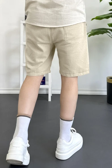 Erkek Beli Lastikli Keten Kumaş Şort Krem Edw370 - Resim 5