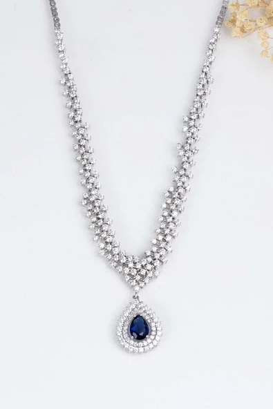 Gümüş Pazarım Hürrem Sultan Modeli Safir Taşllı Damla Motifli 925 Ayar Gümüş Kolye - Resim 4