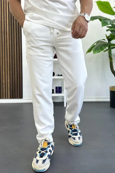 Erkek Slim Fit Beli İpli Düğmeli Pantolon Beyaz Edw403 - Resim 2