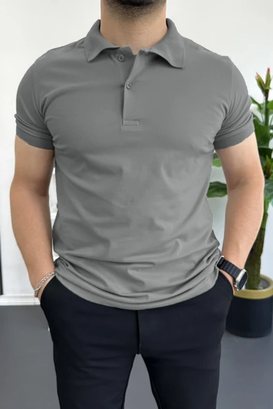 Erkek Slim Fit Düz Renk Pamuklu Soft Polo Tişört Füme Edw365 ürün görseli