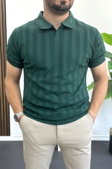 Erkek Açık Yaka Desenli Tişört Koyu Yeşil Edw385 ürün görseli