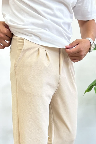 Erkek Rahat Kalıp Pileli Pantolon Krem Edw402 - Resim 3