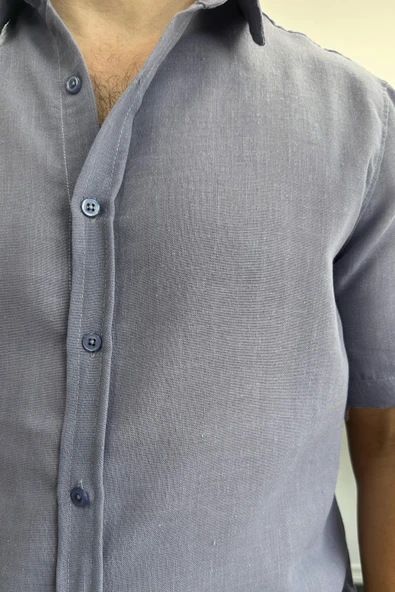 Erkek Kısa Kollu Keten Görünümlü Gömlek Mavi Edw389 - Resim 4