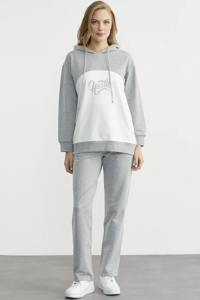 Oversize Kapüşonlu Eşofman Takım - Gri - Resim 3