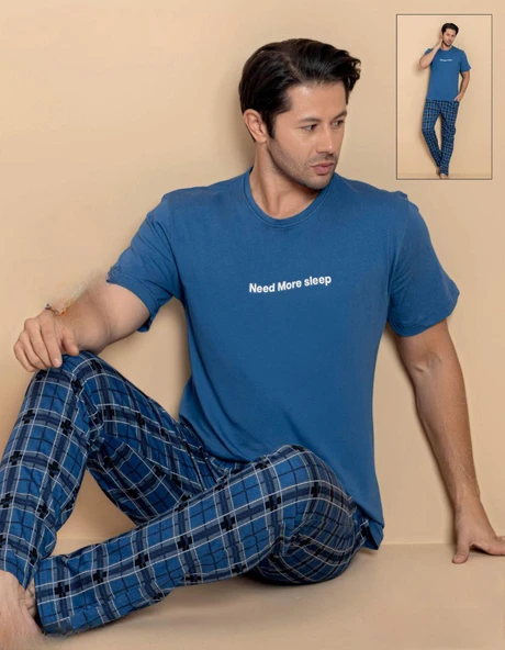Pijamerry Erkek Bisiklet Yaka Kısa Kol Penye Pijama Takımı 6325 - 1 Adet  S - M Mavi ürün görseli
