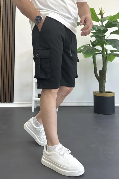Erkek Beli Lastikli Cepli Şort Siyah Edw388 ürün görseli