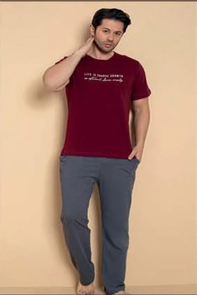 Pijamerry Erkek Bisiklet Yaka Kısa Kol Penye Pijama Takımı 6132 - 1 Adet  XL Bordo - Resim 3