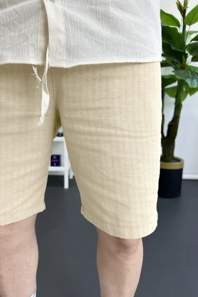 Erkek Beli Lastikli Keten Kumaş Şort Krem Edw370 - Resim 3